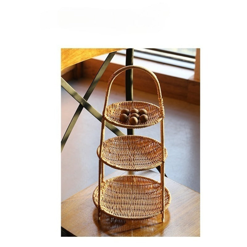 Tiered Serving Tray Rattan Style Round Multi-Layer Fruit Snack Display Stand for Parties Weddings Buffets Nuts Desserts Space-Saving Elegant