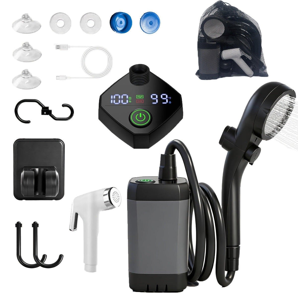 Portable Camping Shower 6000mAh IPX7 120-Min Runtime for Camping, Travel and Outdoor Use, with the Listed Configuration