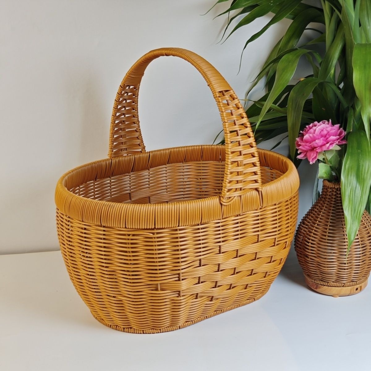 Rattan Basket Woven Shopping Basket with Handle – Extra Large Handcrafted Picnic Basket for Fruits, Eggs, Vegetables, Farmers Market & Shelf Storage, 36×28×20cm