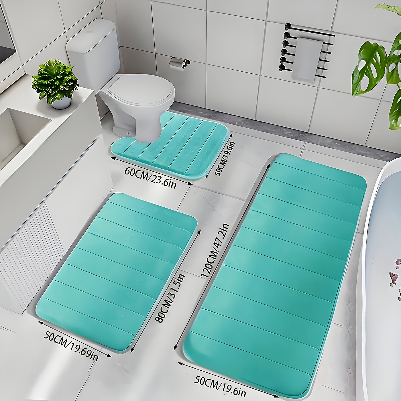 Channel-Stitched Three-Piece Padded Bath Mat Set with Long Runner and Two Matching Rugs in Nine Solid Colors