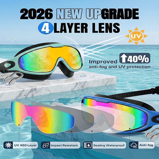 Anti-Fog Swimming Goggles Wide View UV Protection Swim Goggles for Adults Men Women Youth - Mirrored Lens with Earplugs Nose Clip for Triathlon Pool Open Water Training