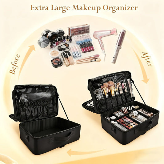 Professional Makeup Train Case 3-Layer 15.8 Inch Large Cosmetic Organizer with Adjustable Dividers Brush Holder Shoulder Strap for Makeup Artist Travel Studio Black