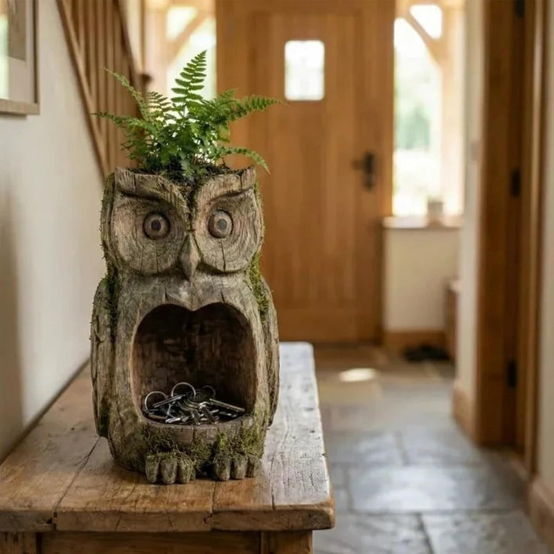 Rustic Owl-Shaped Hanging Bird Feeder and Planter with Open Front, Carry Strap and Hollow Log-Style Body