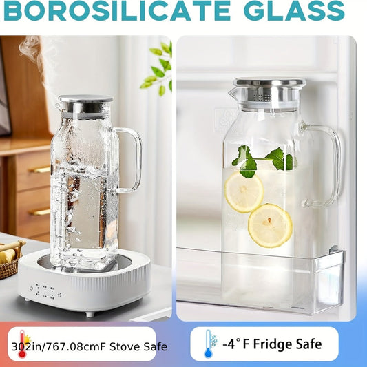 Glass Pitcher with Lid & Handle 2L 68oz – Square Borosilicate Water Jug, Heat Resistant Carafe for Fridge, Iced Tea, Coffee & Cold Drinks – 2 or 4 Pack with Optional 16oz Cups