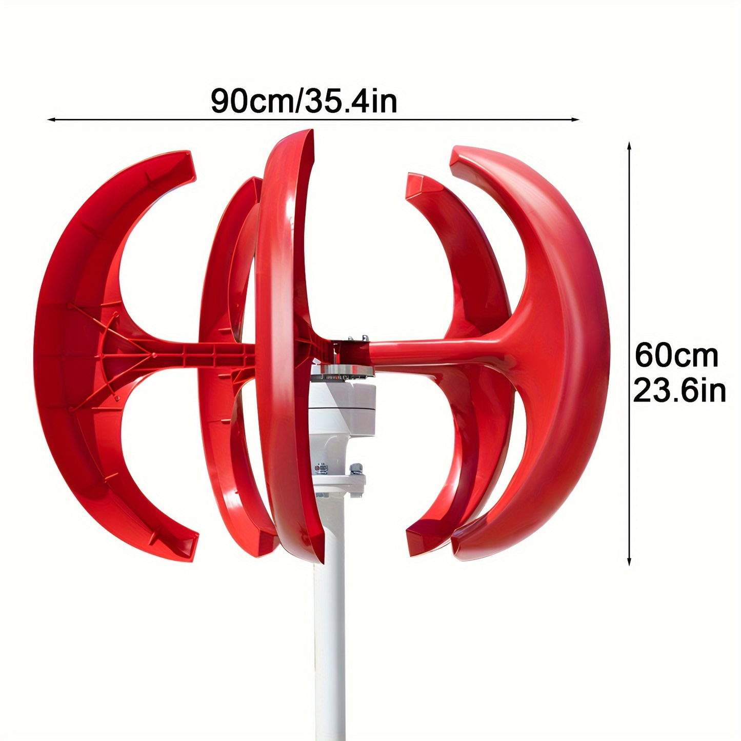 Red Vertical-Axis Wind Turbine Generator Kit with Curved Rotor Blades and Pictured Mounting Hardware