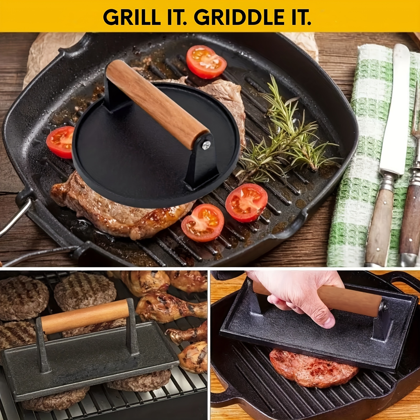 Smash Burger Press Cast Iron Heavy Duty Dual-Size Burger Smasher with Ergonomic Wood Handle – BBQ Grill Press for Smash Burgers, Steaks & Griddle Cooking (2pc Set)