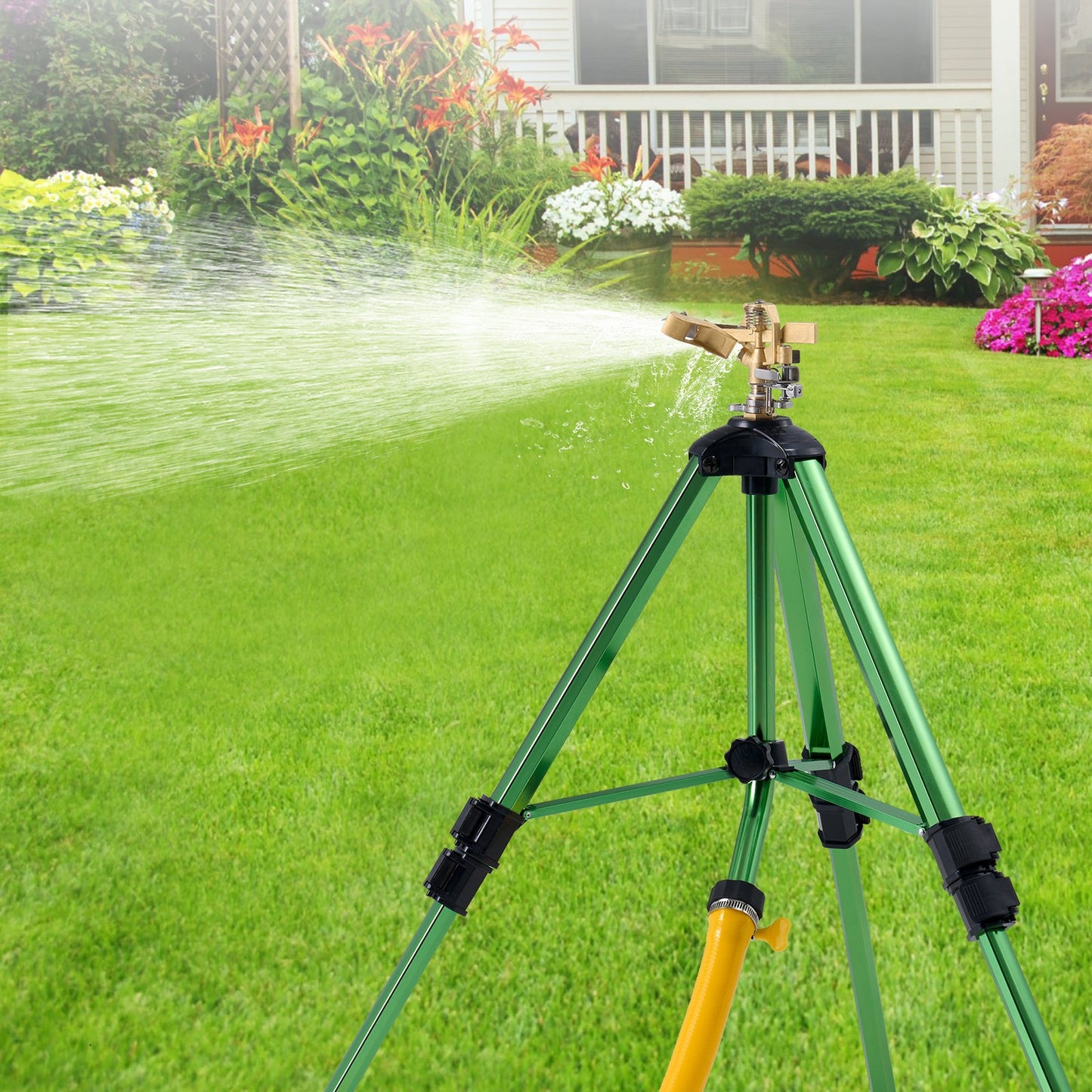 Green Tripod Garden Sprinkler with Rotating Brass Head, Adjustable Legs and Pictured 17- to 37-Inch Height