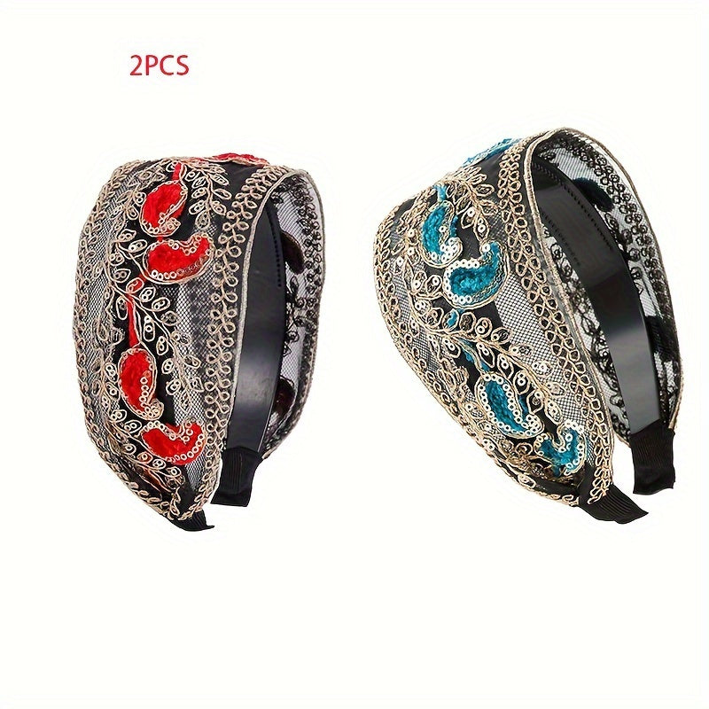 Lace Sequin Flower Headbands for Women 2pcs Wide Non-Slip Boho Retro Embroidered Hair Hoops for Daily Wear Spring Summer Wedding Party Chic Hair Accessories Gift Set Black Coffee Red Green