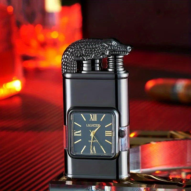 Quartz-Dial Torch Lighter with Rectangular Black Body and Three Sculpted Top Style Options