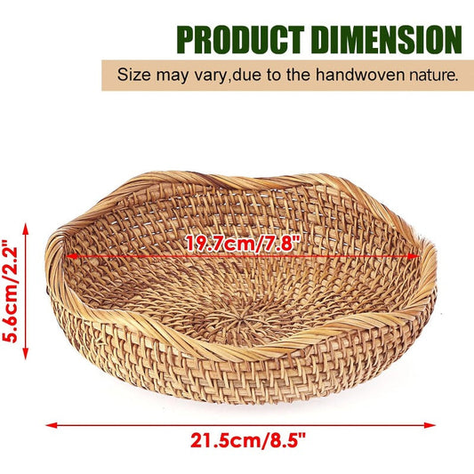 Rattan Tray Bowl - 8.5 Inch Hand Woven Natural Wicker Basket Tray for Fruit, Bread, Keys, Tabletop Decor, Kitchen, Entryway & Living Room