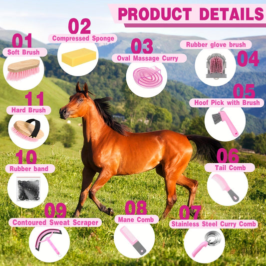 Equine Grooming Brush Set 12-Piece with Organizer Tote Bag – Complete Horse Care Kit with Shedding Brush, Detangler, Hoof Pick & Massage Tools | For Curly & Smooth Horses, Pink & Grey Tack Supplies