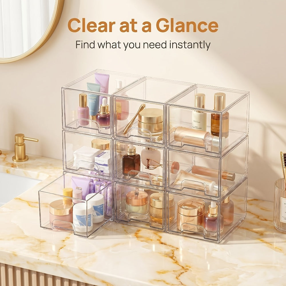 Clear Stackable Storage Drawers, 8-Pack Pull-Out Organizer Bins for Bathroom Cabinets, Vanity Desks and Countertops
