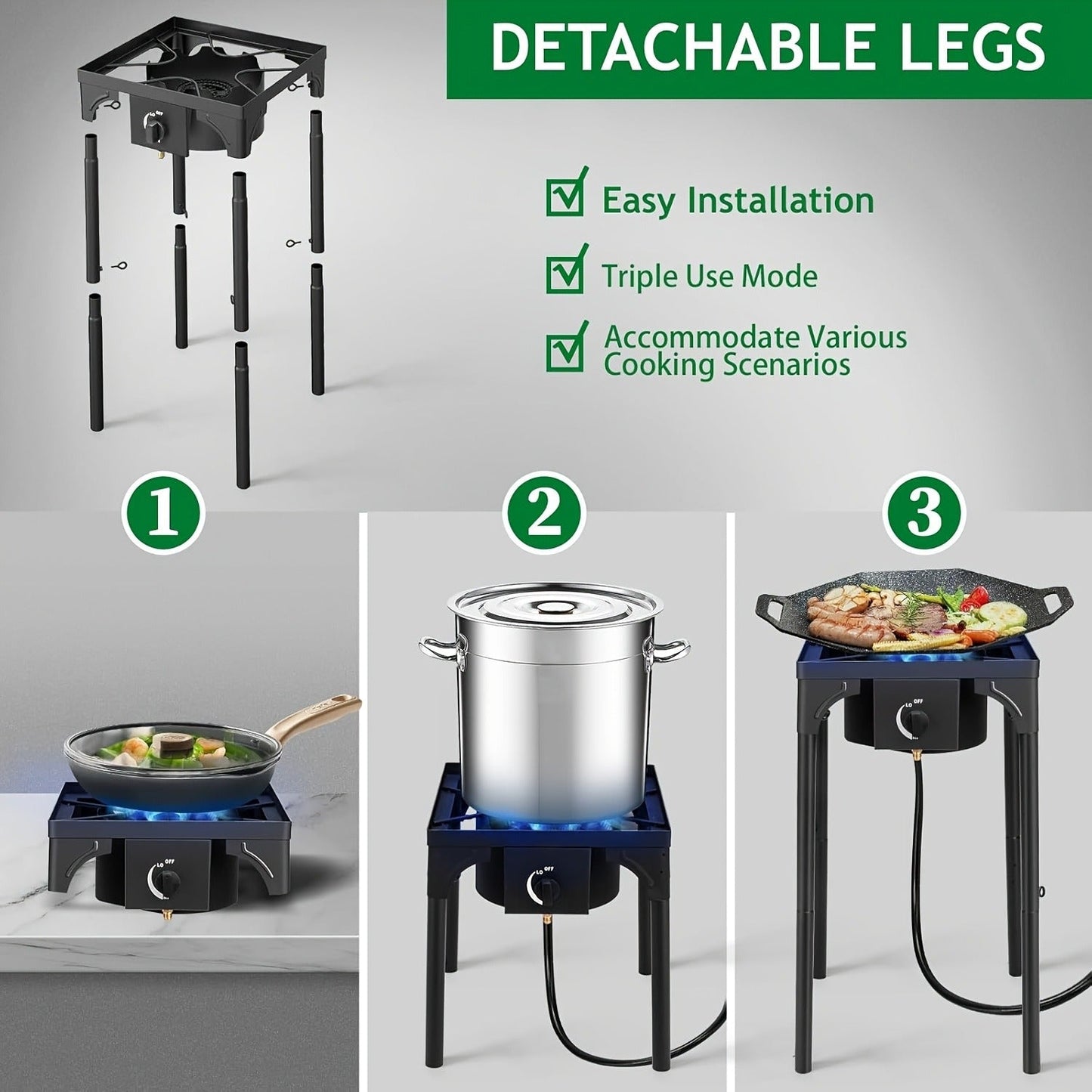 Outdoor Propane Burner Stand with One- or Three-Burner Layout, Removable Legs and 0–20 PSI Regulator Hose