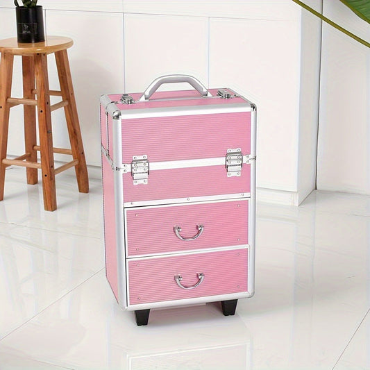 Lockable Aluminum Makeup Train Case with Extendable Trays Multi-Tier Professional Cosmetic Organizer — Portable Salon Travel Beauty Case with Lock Pink Rose Gold