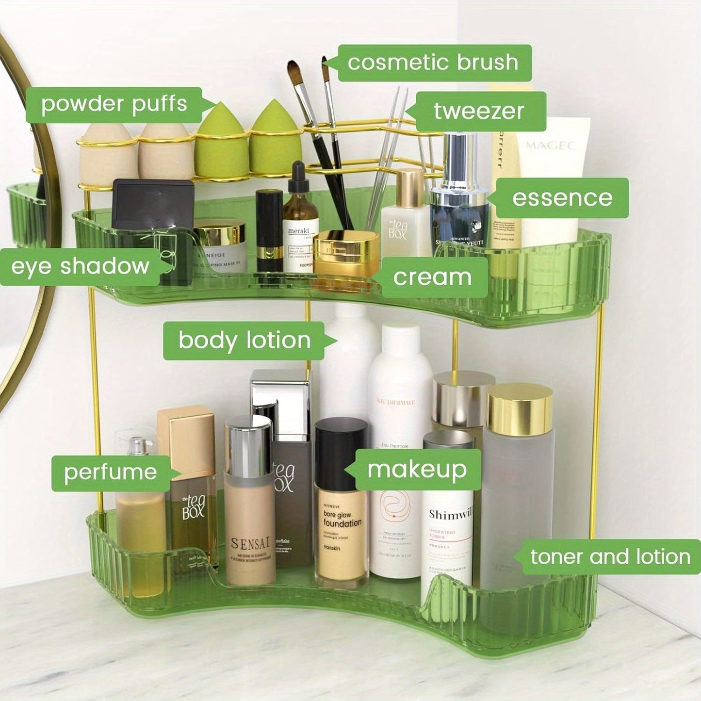 Corner Countertop Bathroom Organizer with 2- or 3-Tier Trays, Brush Rings and Four Color-Style Options
