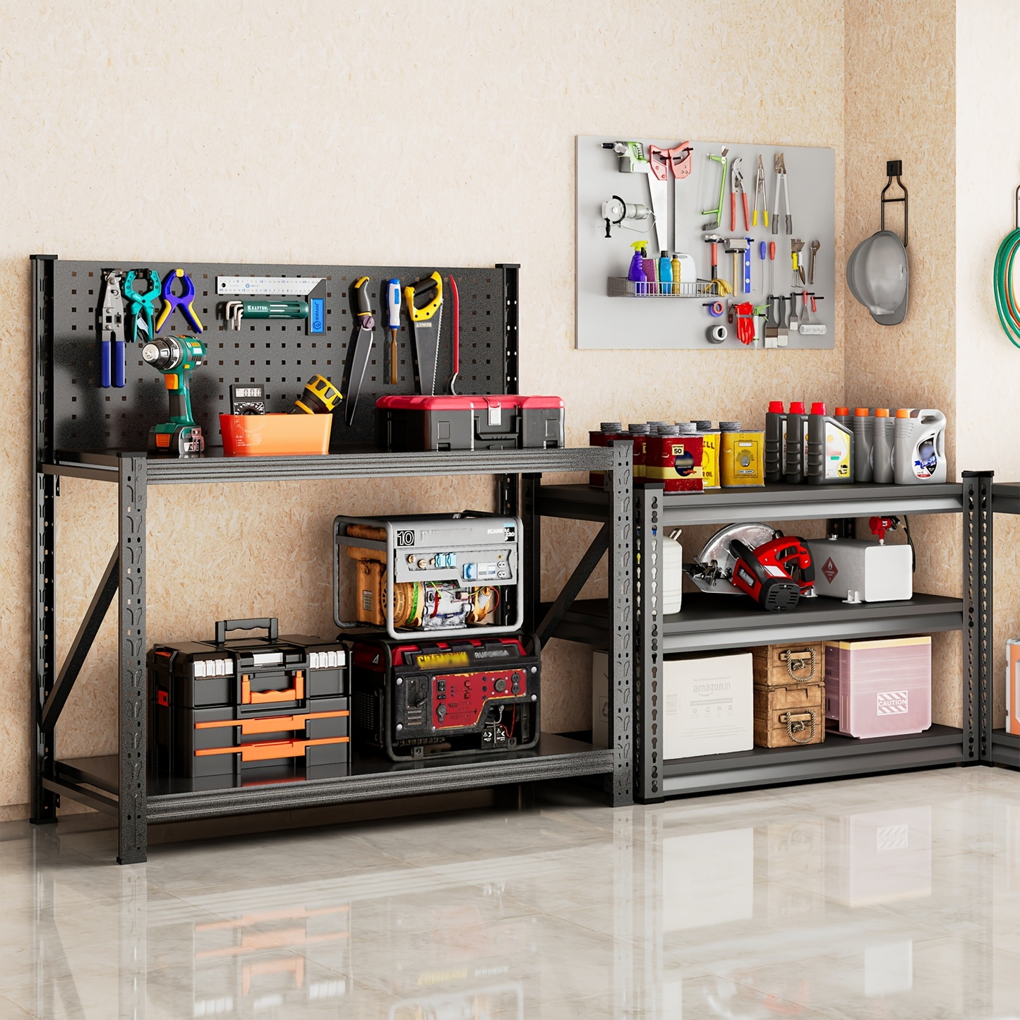 Four-Tier Metal Garage Storage Shelf with Wide Workbench Top and Lower Tool Organizer Space