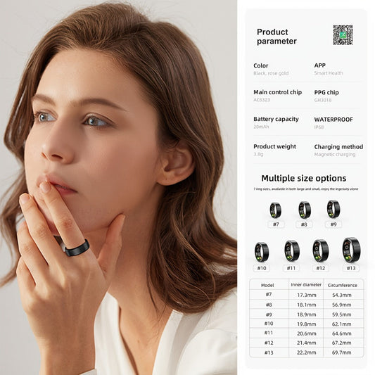 Health Monitoring Smart Ring with Heart Rate HRV Sleep Tracking, Steps Calories Body Temp & Menstrual Cycle – Bluetooth 5.3, iOS & Android, Sizes #7-#13, Rose Gold Black Silver