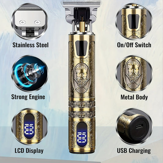 LED Hair Trimmer for Men - T-Blade USB Rechargeable 2000mAh, Vintage Dragon & Mustache Design, 4 Guide Combs, Cordless Precision Grooming, Holiday Gift for Him