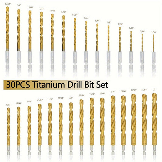 Titanium HSS Drill Bit Set 30PCS Hex Shank Quick Change 1/16 to 1/2 Inch for Metal Wood Plastic Hand Drilling Electric Screwdriver Drill Press Round Shank Twist Bits