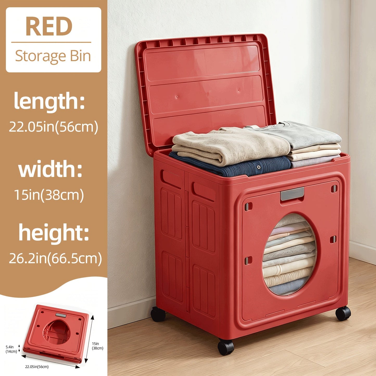 37-Gallon Foldable Storage Box with Rolling Casters, Top Access and Round Front Window in White or Red