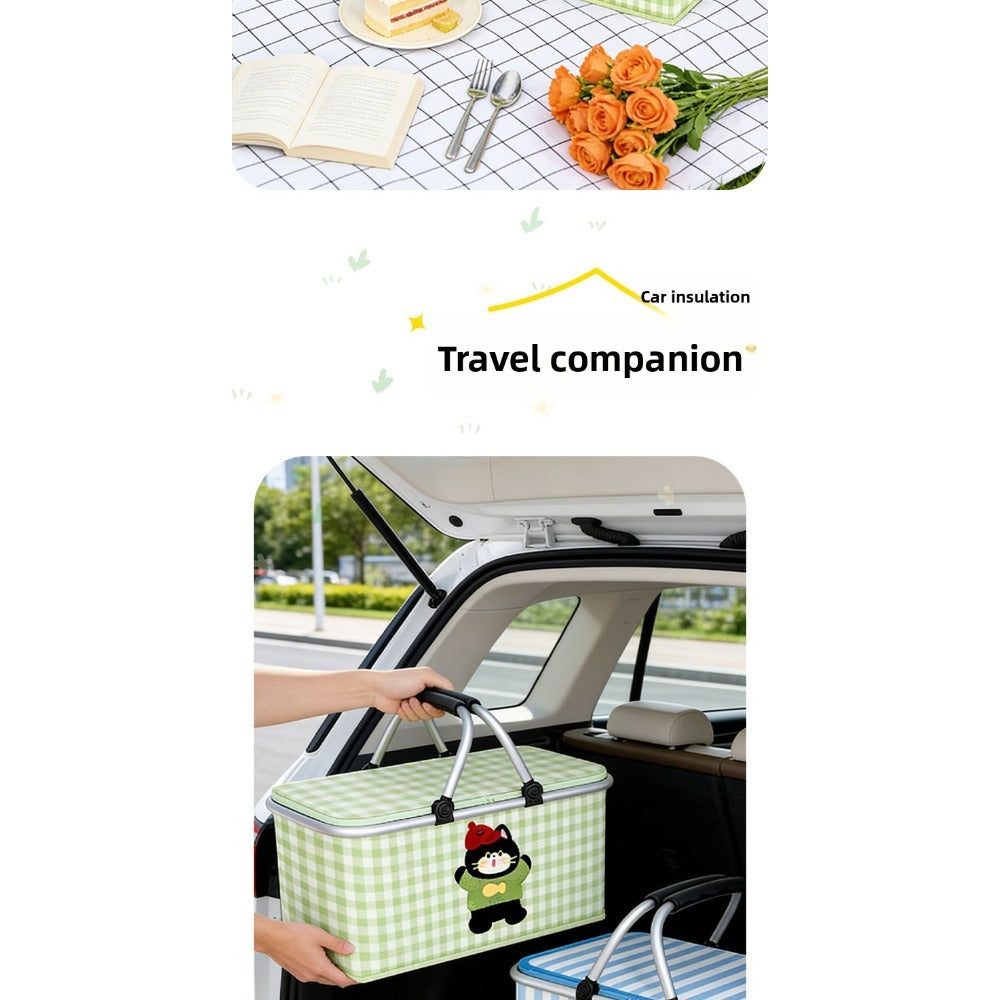 Aluminum-Frame Picnic Basket in Four Exact Fried-Egg, Kitten, Rabbit and Cherry Pattern Options
