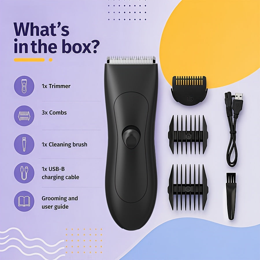 Ceramic-Blade Body Hair Trimmer with IPX6 Rating, Two Guide Combs and Black or Purple Options
