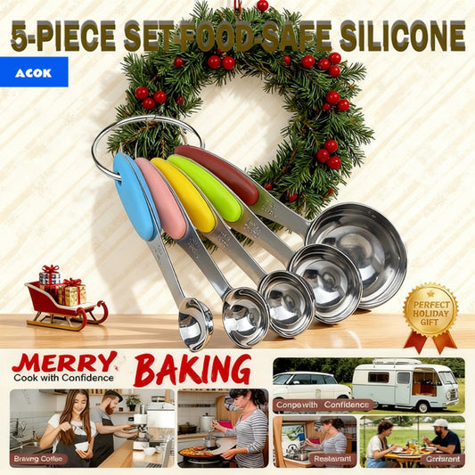 Measuring Cups and Spoons Set 10-Piece Stainless Steel with Silicone Handle – Precise Baking & Cooking Measurement Tools | Dishwasher Safe | Christmas Kitchen Gift
