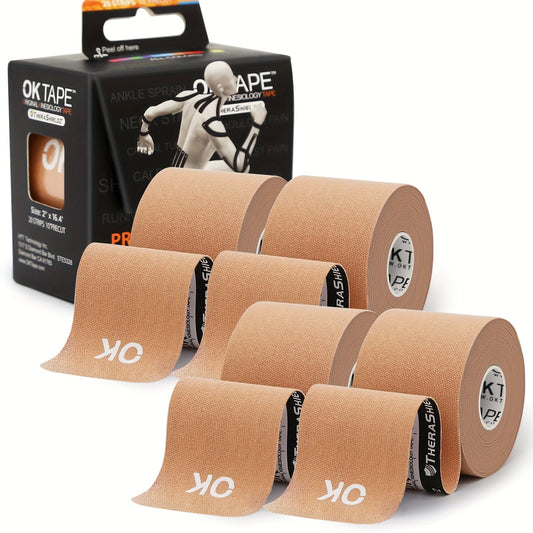 Kinesiology Tape 4 Rolls Precut 20 Strips, Cotton Elastic Athletic Tape Latex Free 2in x 16ft for Knee Shoulder Muscle Support Sports Recovery, Beige Black Pink Navy Blue Green Red