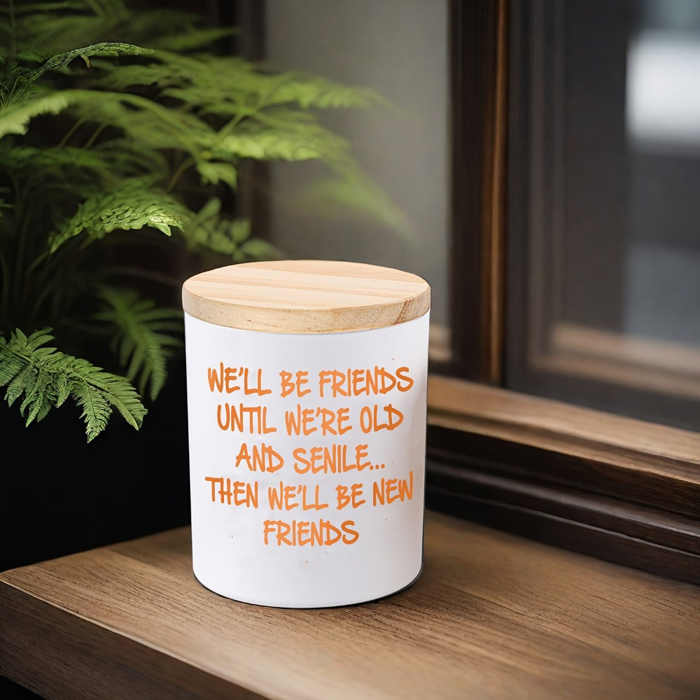 6oz Lavender-Labeled Candle in White Glass Jar with Wood Lid and Friendship Message Artwork