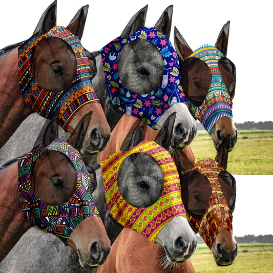 Horse Fly Mask with Ears 6-Pack – Soft Elastic Breathable Face Covering for Horses | Smooth Comfortable Fit, Geometric Pattern, Medium Size, Equine Riding Supplies & Fly Protection