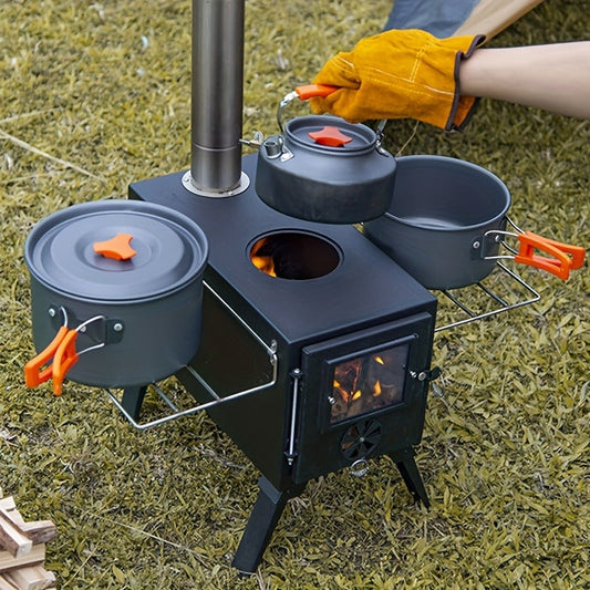 Portable Wood Stove with Chimney Pipe Set, Folding Legs, Side Shelves and Silver or Black Finish Options