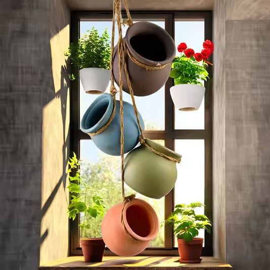 Hanging Planters Set of 4 Bohemian Geometric Porcelain Pots with Hemp Rope