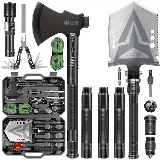 Folding Camping Shovel Axe Kit, Multifunctional Survival Tactical Shovel with Paracord, Dual Color Flashlight & Whetstone – Emergency Outdoor Gear for Camping, Hiking & Survival