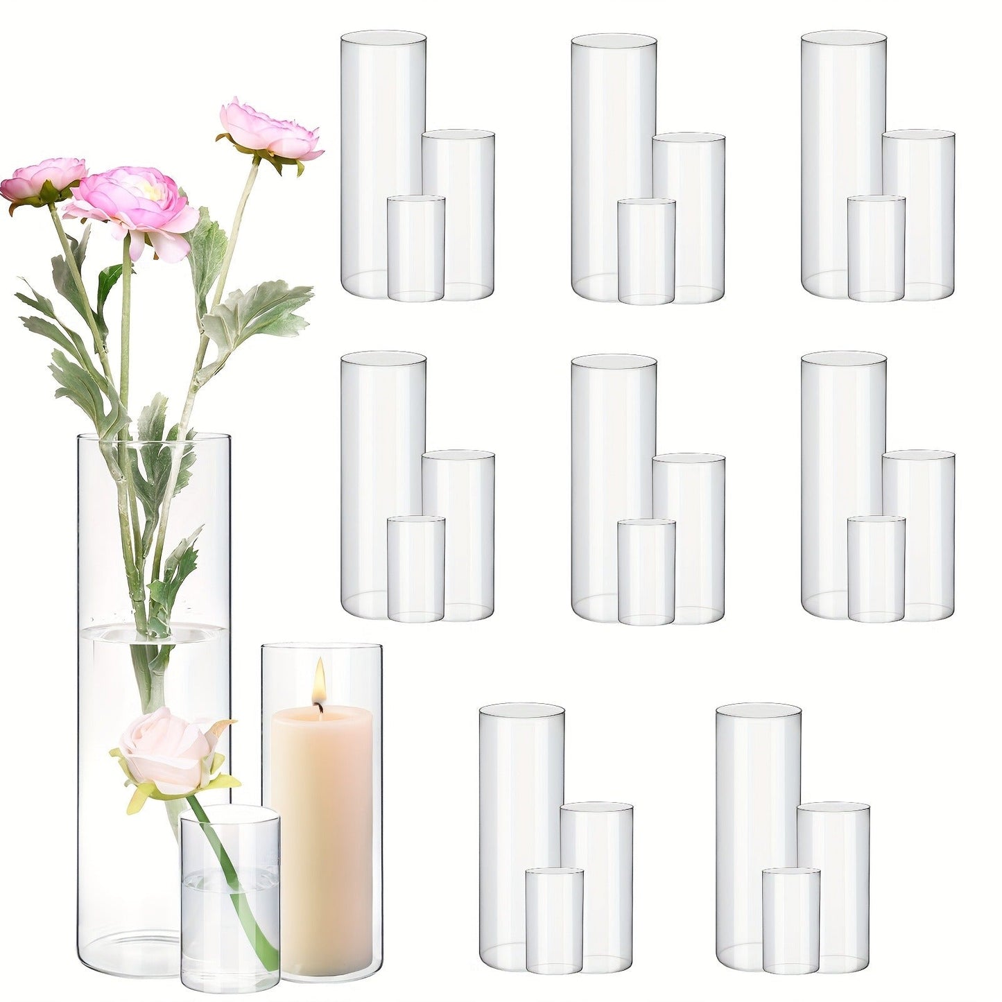 Clear Glass Cylinder Vase Set with 4-, 8- and 12-Inch Heights in 18- or 36-Piece Options for Table Displays