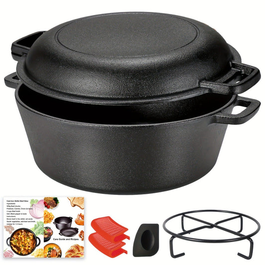 Cast Iron Dutch Oven Pre-Seasoned with Lid – Deep Pot for Bread Baking, Camping, BBQ & Stove | Double Handle, Silicone Lid, Scraper & Stand Included