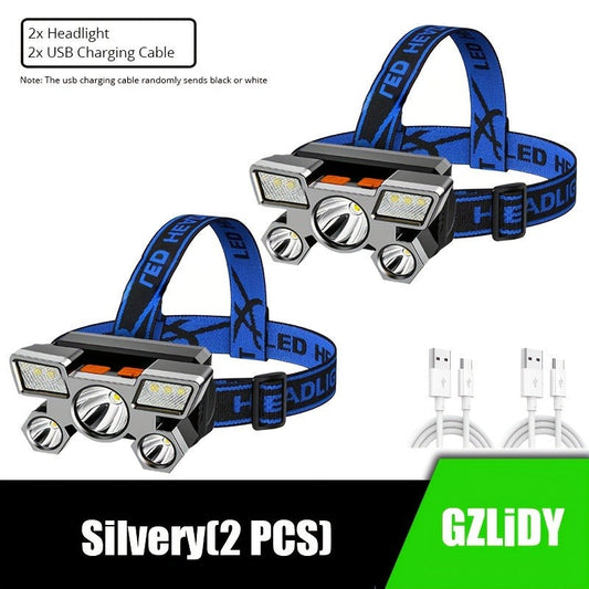 USB Rechargeable Headlamp 2 Pack 5 LED 4 Modes IP44 Waterproof Head Torch for Outdoor Fishing Camping Emergency