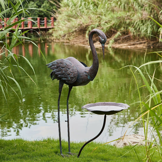 Bird Bath Outdoor Metal Crane Heron Sculpture 36" – Garden Feeder Stake Yard Lawn Patio Decor