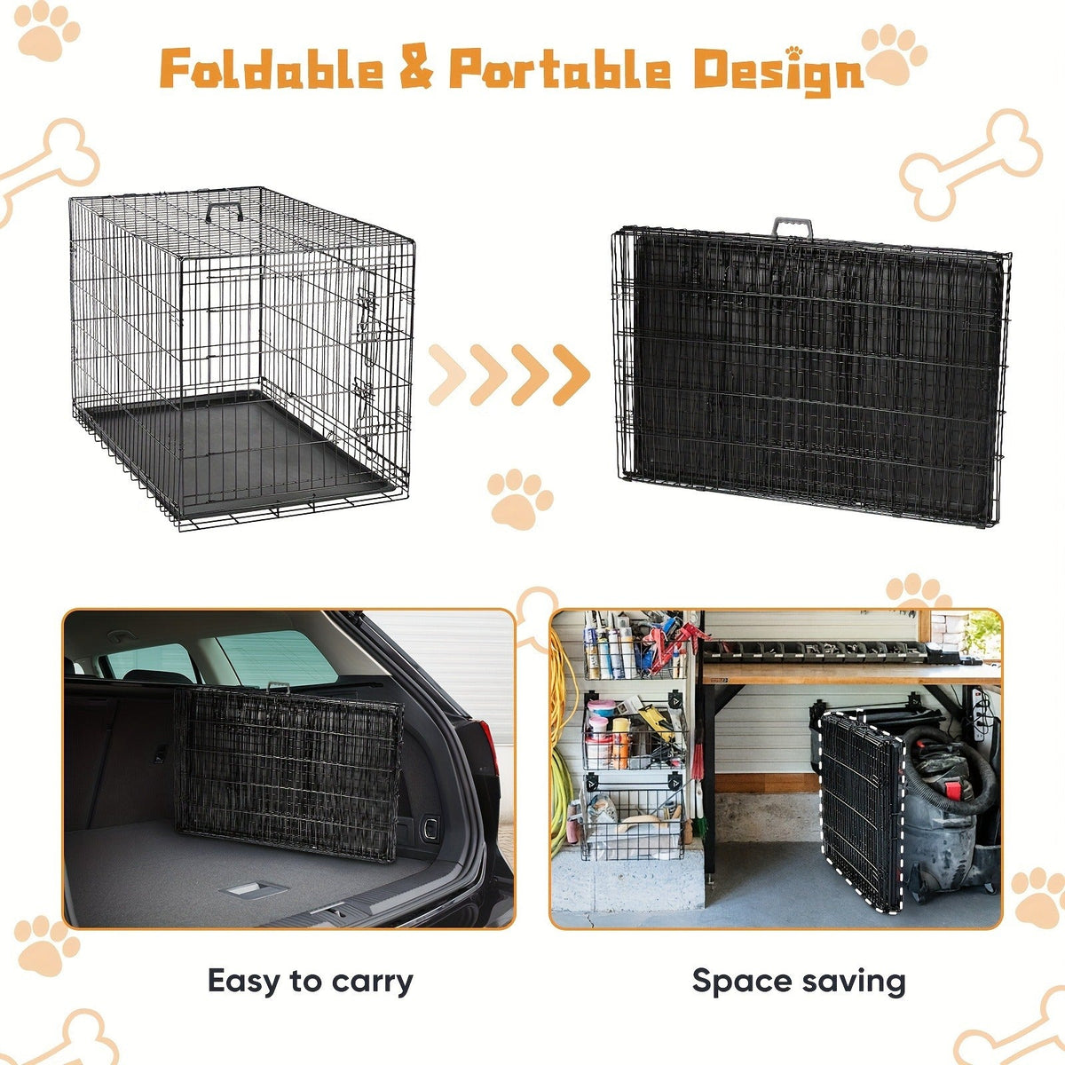 Folding Wire Dog Crate with Divider, Pull-Out Tray, Two Doors and Five Sizes from 24.41 to 48.4 Inches