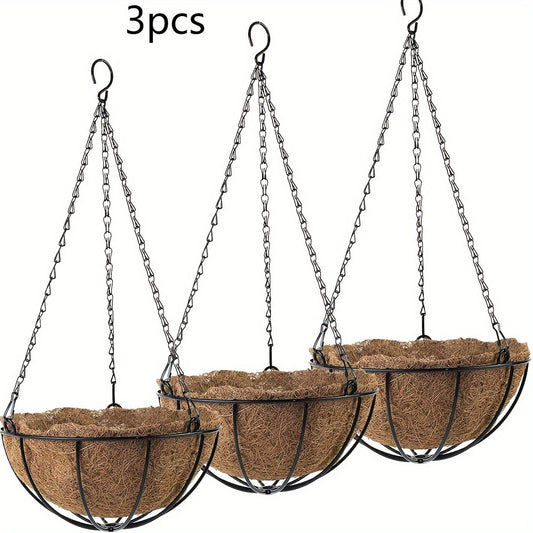 Hanging Flower Basket Set of 3 – Rust-Proof Metal Chain, 10 Inch Coco Liner, Indoor Outdoor Porch Balcony Garden Planter
