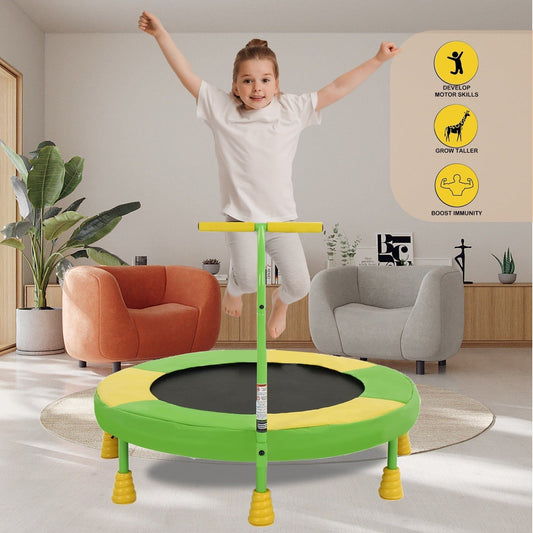 36 Inch Kids Indoor Trampoline with Handle - 7-Leg Safety Design, 2.0mm Steel Frame, 28 Coil Springs, Non-Slip Feet, PP Jump Mat, Compact Mini Toddler Trampoline for Home Bedroom Playroom Exercise