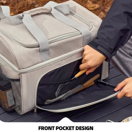 Insulated Picnic Basket Foldable Wicker with Cooler Box – Large Capacity Thermal Lunch Carrier Bag for Outdoor Camping, Beach & Picnics, Portable Wicker Cooler Basket, Khaki