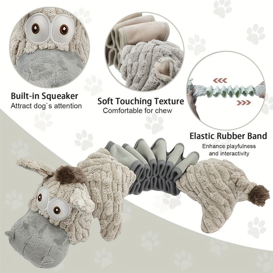 Dog Toy Stretch Donkey Plush Squeaker with Elastic Body, Textured Surface and Rope Ends in Gray White