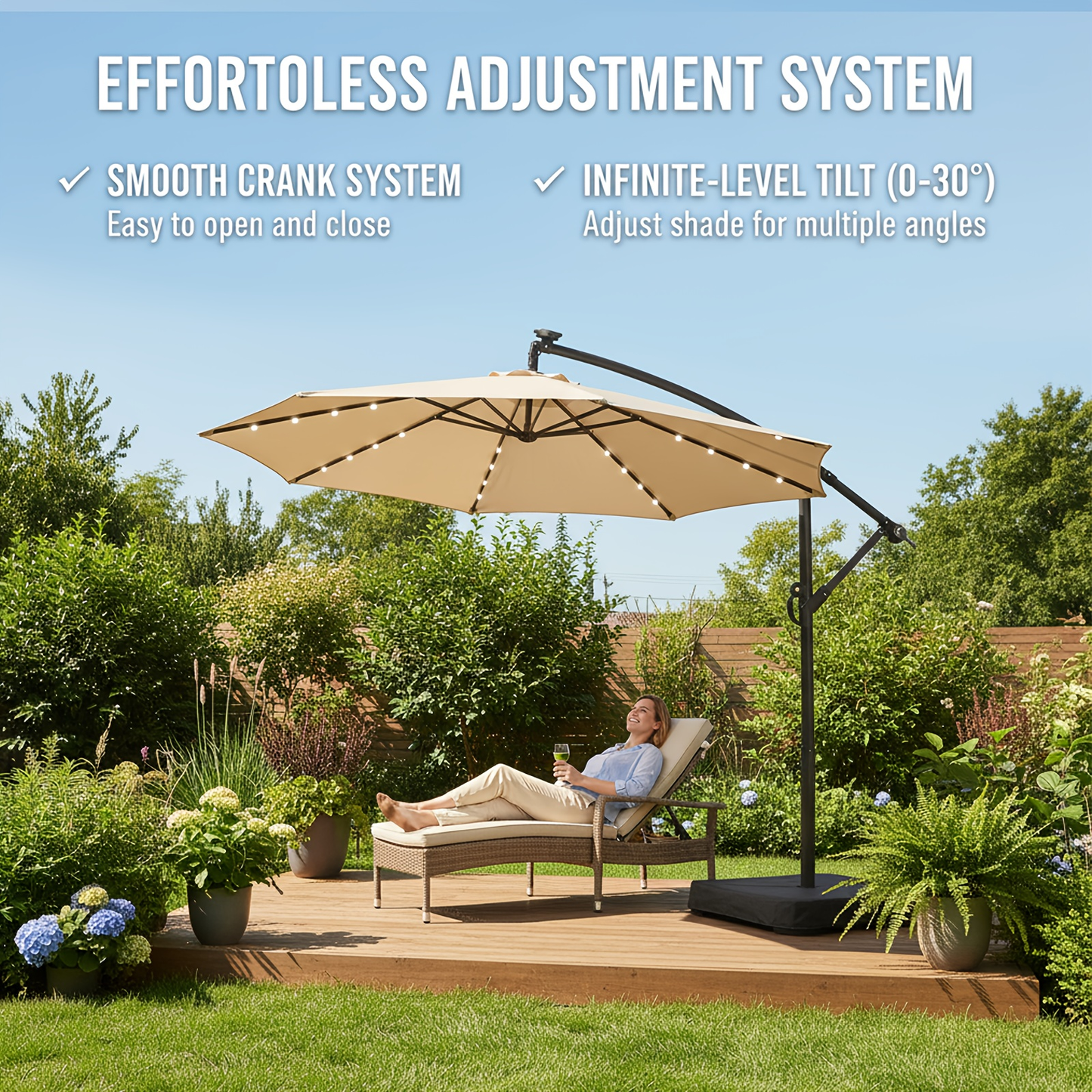 Offset Cantilever Umbrella 10FT Solar LED UPF50+ Easy Tilt Crank