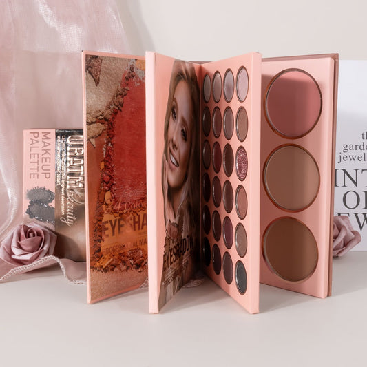 Eyeshadow Palette Book Style SHCOETY 4-in-11 Makeup Kit | 24-Color Eyeshadow + 6-Color Highlighter + 6-Color Blush + 7-Color Contour | Folding Magazine Design | All Skin Tones