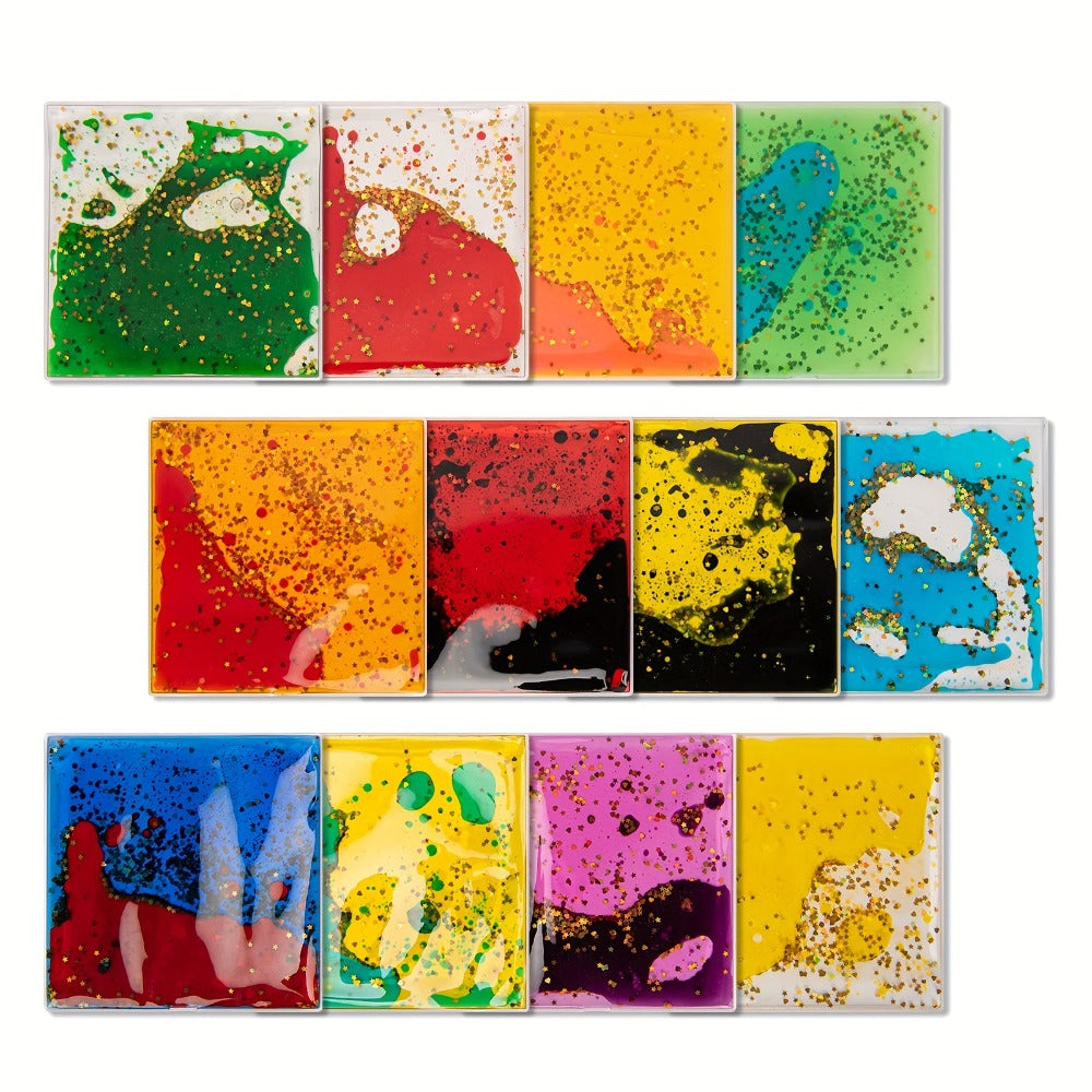 Liquid Motion Tiles 12pcs – Sensory Play Mat Soft Gel Interactive Floor Tiles for Kids, Anxiety Relief & Calming Sensory Toy, 6"x6" Square, Vibrant Colors for Home & Classroom