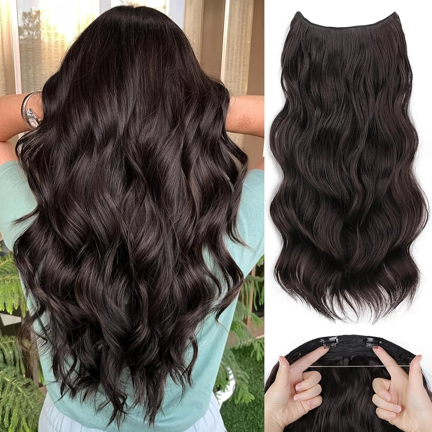 Invisible Wire Hair Extensions 22 Inch for Women — Transparent Fish Line 4 Clips Long Wavy Hairpiece for Thin Fine Hair, 7 Colors 1B 613 Ombre, No Glue No Heat Damage Free