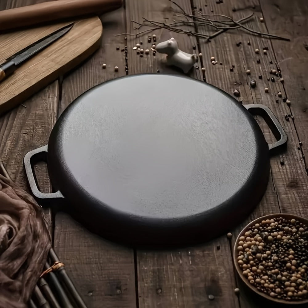 32cm Cast Iron Skillet with Dual Loop Handles and Shallow Round Profile for Gas, Induction, Oven or Campfire