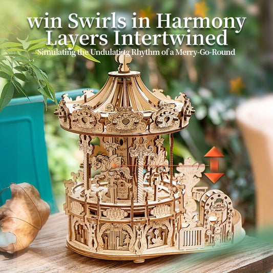 Rotating Merry-Go-Round Wooden Puzzle Kit – Mechanical Carousel 3D Model for Adults & Teens, DIY Kinetic Display Piece, Unique Christmas Birthday Gift (Treehouse, Cello, Airship, Pumpkin Styles)