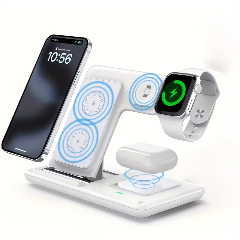 3-in-1 Wireless Charging Station with QC3.0 Adapter Included 15W Fast Charge – Upright Stand for iPhone 17/16/15/14/13/12/11, Apple Watch Ultra/Series 9/8/SE & AirPods | Black & White