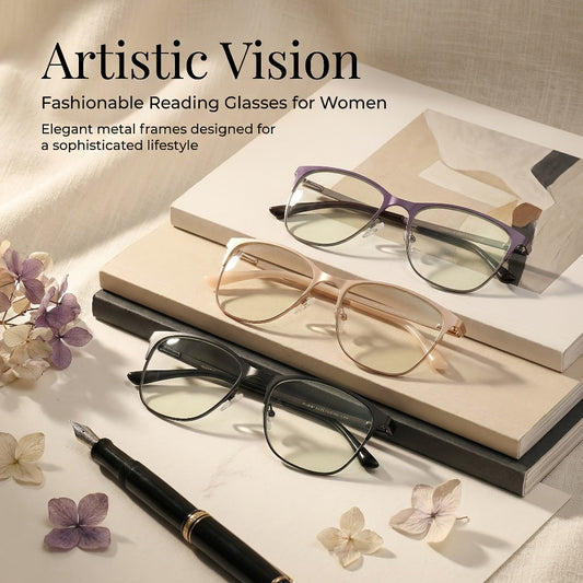Reading Glasses – Three-Pair Rectangular Metal Readers with Polycarbonate Blue-Light Lenses